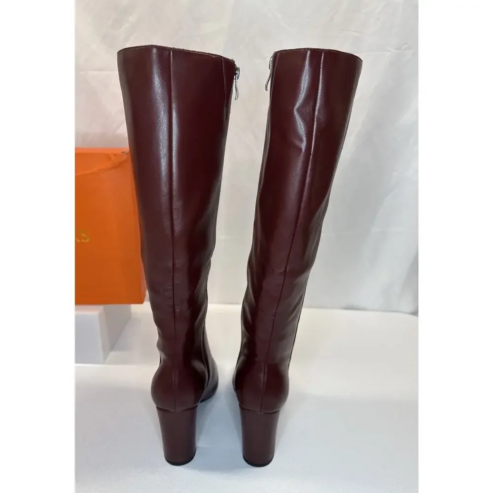 TopWalks Women's Knee High Boots Pointed Toe Chunky Block Heel Burgundy Size 8.5